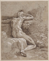 K II 045
<br/>
Naakte jongeman, op de rug gezien, in bos
<br/>
<em>Parmigianino (1503-1540) - kopie naar</em>